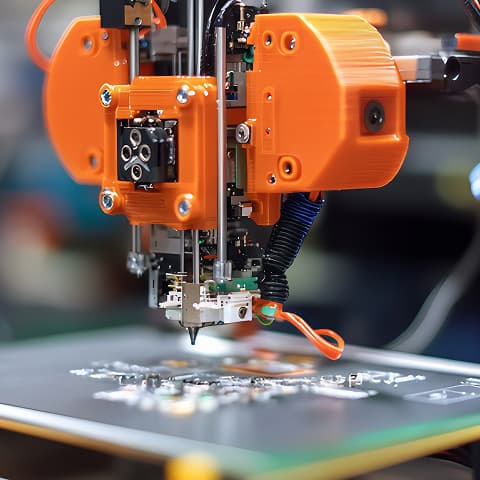 Primo piano di un braccio robotico arancione che si sta preparando a saldare su un circuito elettronico, mostrando dettagli tecnologici avanzati.