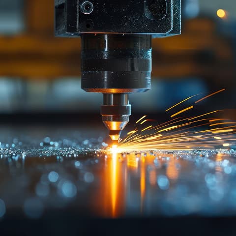 Un macchinario di taglio al plasma emette scintille mentre incide un materiale metallico, evidenziando precisione e tecnologia avanzata in un ambiente industriale.